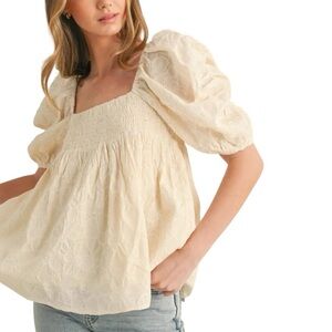 NEW Camellia Cream Smocked And Embroidered Puff Sleeve Babydoll